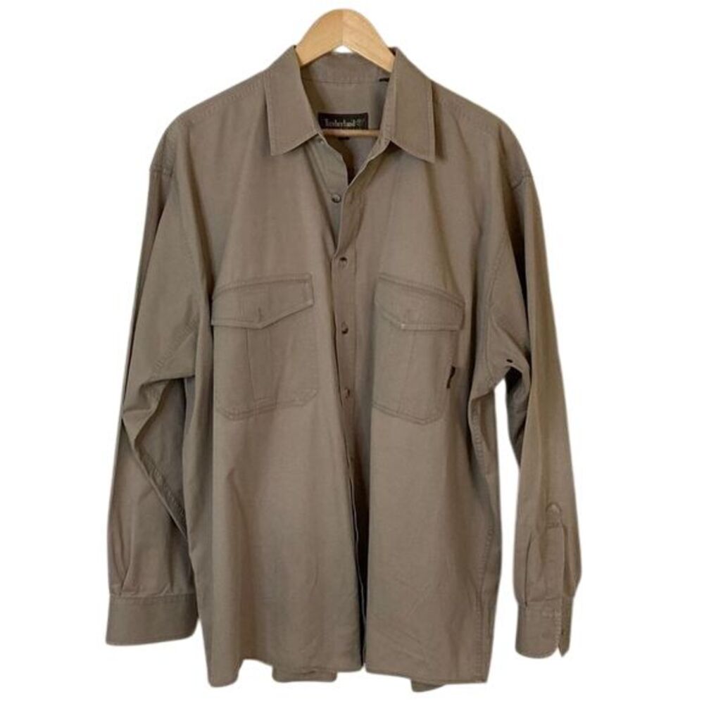 Timberland Weathergear Button Up Shirt Mens‎ XL Tan Cotton Chest Pockets